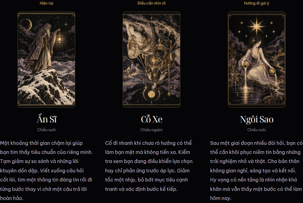Ba vị trí Hiện tại, Điều cần nhìn rõ và Hướng đi gợi ý trong bài mẫu Tarot